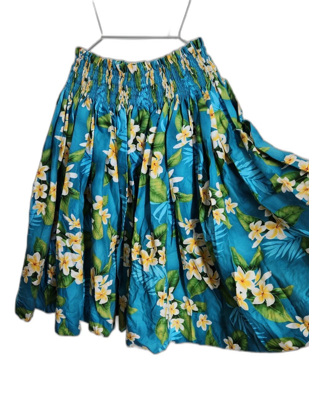 Handmade Hawaiian Paʻu Hula Skirt Plumeria Print Turquoise.    #B16